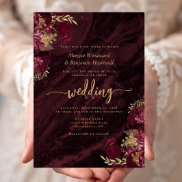 Elegant Burgundy Gold Floral Wedding Kaart