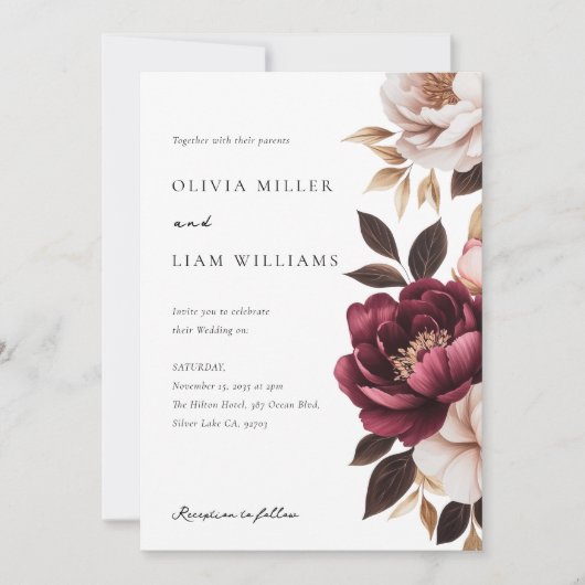 Elegant Burgundy Gold Floral Wedding Kaart (Voorkant)