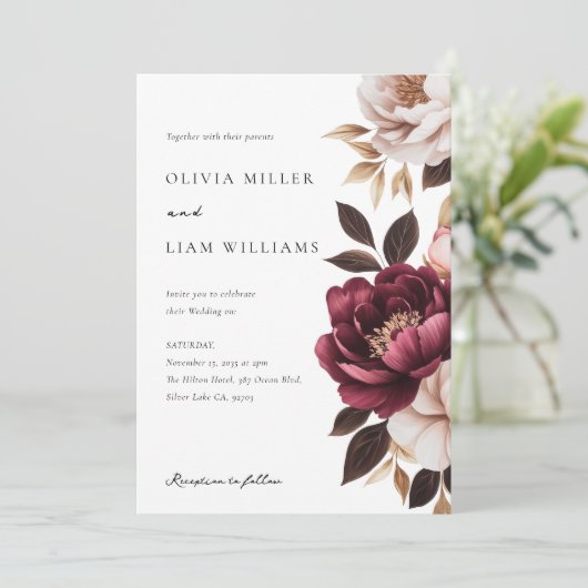 Elegant Burgundy Gold Floral Wedding Kaart (Staand voorkant)