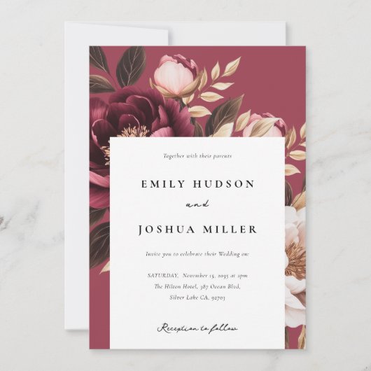 Elegant Burgundy Gold Floral Wedding Kaart (Voorkant)