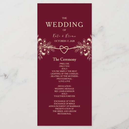 Elegant Burgundy Gold Floral Wedding Programmakaart (Voorkant)