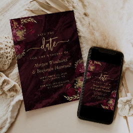Elegant Burgundy Gold Floral Wedding Save the Date Kaart