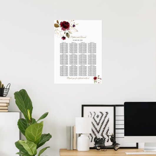 Elegant Burgundy Gold Floral Wedding Seding Chart Poster (Thuiskantoor)