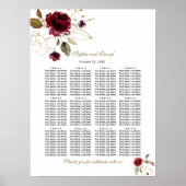 Elegant Burgundy Gold Floral Wedding Seding Chart Poster (Voorkant)