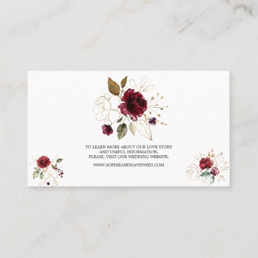 Elegant Burgundy Gold Floral Wedding Website Visitekaartje (Voorkant)