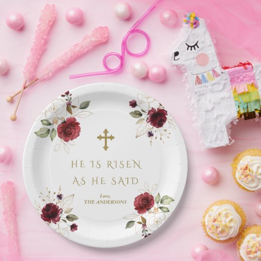 Elegant Burgundy Gold Flowers Hij is raster Papieren Bordje (Feest)