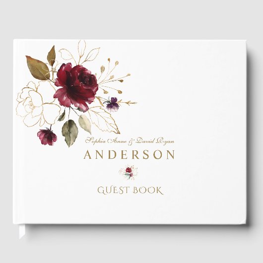 Elegant Burgundy Gold Flowers Monogram Weddenschap Gastenboek (Voorkant)