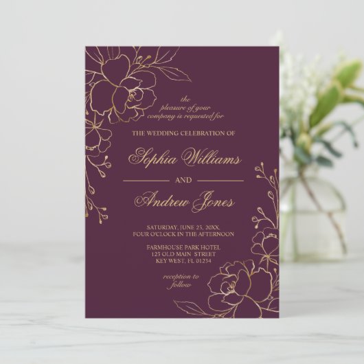 Elegant Burgundy & Gold Flowers Weddenschap Kaart (Staand voorkant)
