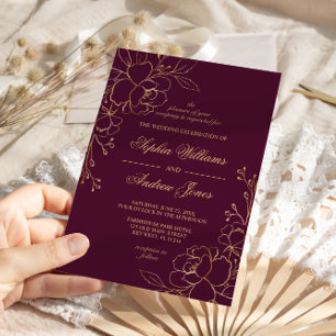 Elegant Burgundy & Gold Flowers Weddenschap Kaart