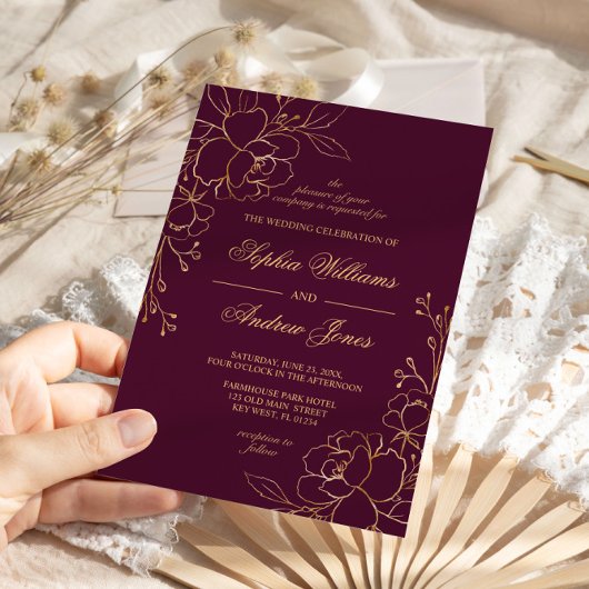 Elegant Burgundy & Gold Flowers Weddenschap Kaart