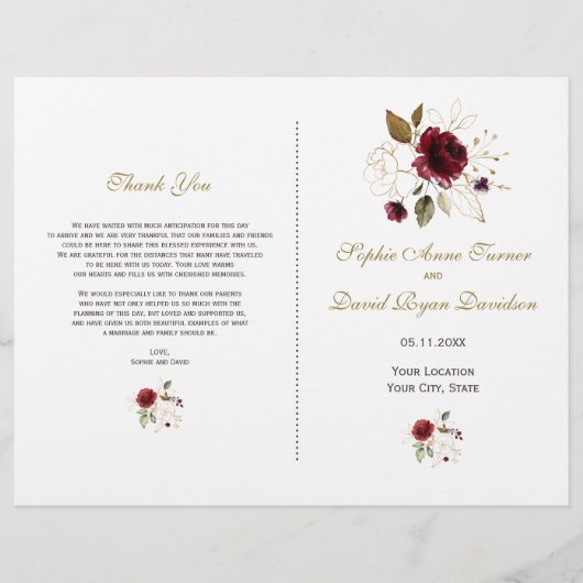 Elegant Burgundy Gold Flowers Wedding Programme (Voorkant)