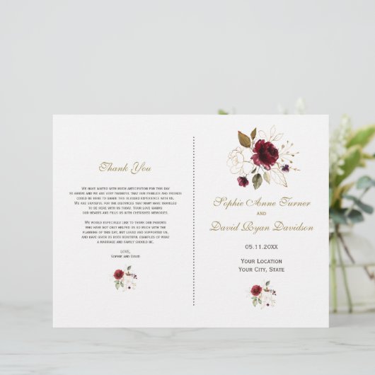Elegant Burgundy Gold Flowers Wedding Programme (Staand voorkant)