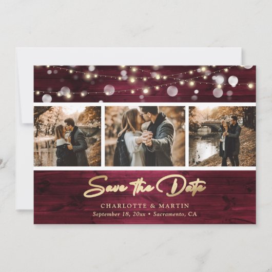 Elegant Burgundy Gold Foil Wood Weduwfoto Save The Date (Voorkant)