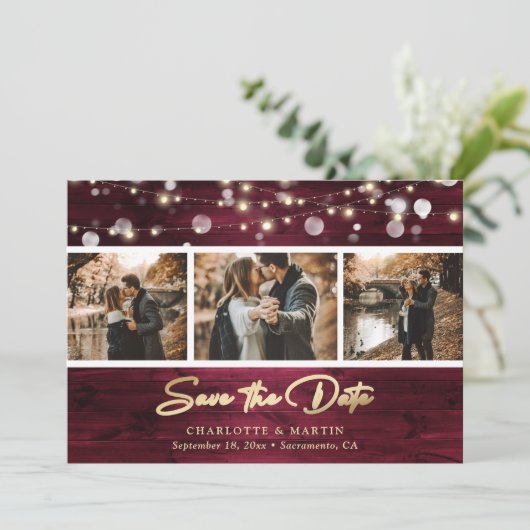Elegant Burgundy Gold Foil Wood Weduwfoto Save The Date (Staand voorkant)
