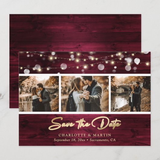 Elegant Burgundy Gold Foil Wood Weduwfoto Save The Date (Voorkant / Achterkant)