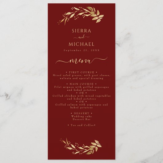 Elegant Burgundy Gold Foliage Weddenschappen Menu (Voorkant)