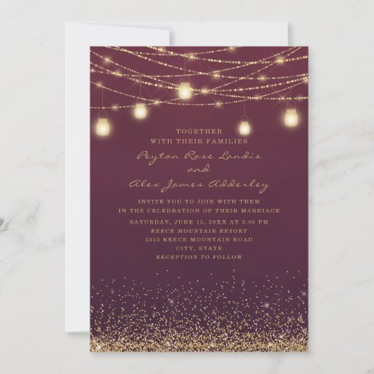 Elegant Burgundy Gold Glitter String Light Wedding Kaart (Voorkant)
