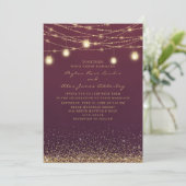 Elegant Burgundy Gold Glitter String Light Wedding Kaart (Staand voorkant)