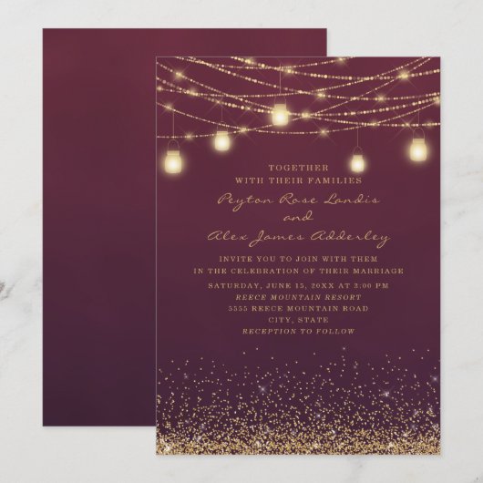Elegant Burgundy Gold Glitter String Light Wedding Kaart (Voorkant / Achterkant)