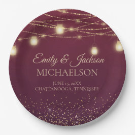Elegant Burgundy Gold Glitter String Light Wedding Papieren Bordje
