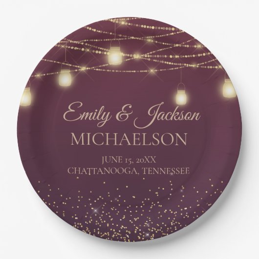 Elegant Burgundy Gold Glitter String Light Wedding Papieren Bordje (Voorkant)