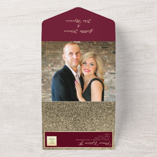 Elegant Burgundy Gold Glitter Wedding All In One Uitnodiging (Buitenkant)