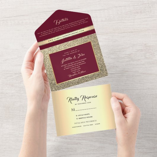 Elegant Burgundy Gold Glitter Wedding All In One Uitnodiging (Afscheurbaar)