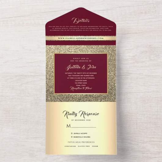 Elegant Burgundy Gold Glitter Wedding All In One Uitnodiging (Binnen)