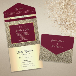 Elegant Burgundy Gold Glitter Wedding All In One Uitnodiging
