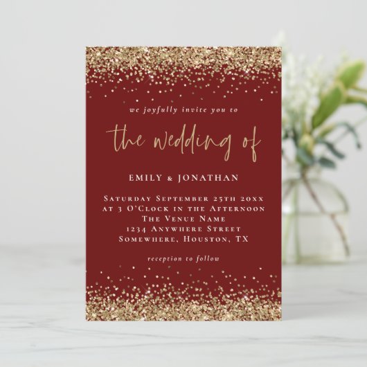 Elegant Burgundy Gold Glitter Wedding Kaart (Staand voorkant)
