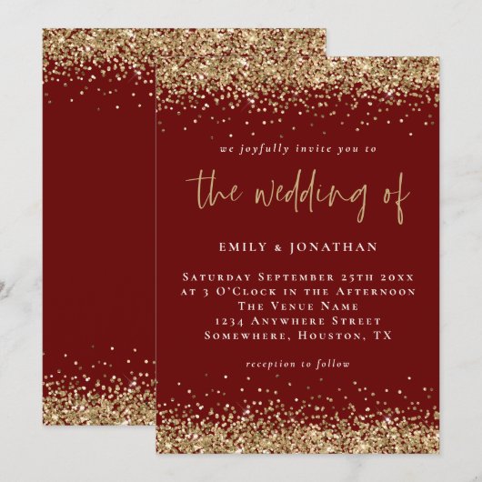 Elegant Burgundy Gold Glitter Wedding Kaart (Voorkant / Achterkant)