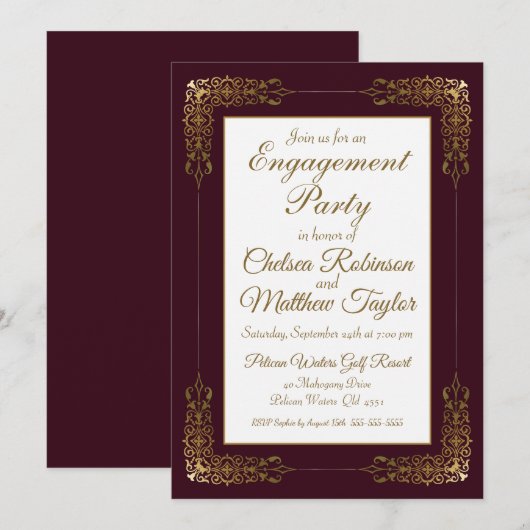 Elegant Burgundy Gold Lace Lijst Engagement Party Kaart (Voorkant / Achterkant)