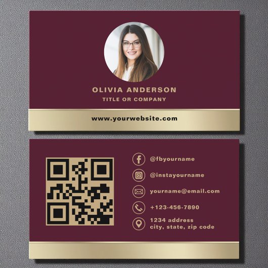 Elegant Burgundy Gold Logo QR Code Photo Visitekaartje