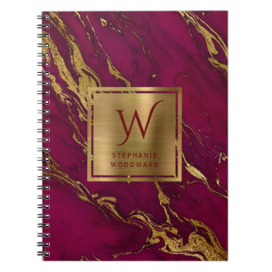 Elegant Burgundy Gold Marble Monogram Notitieboek