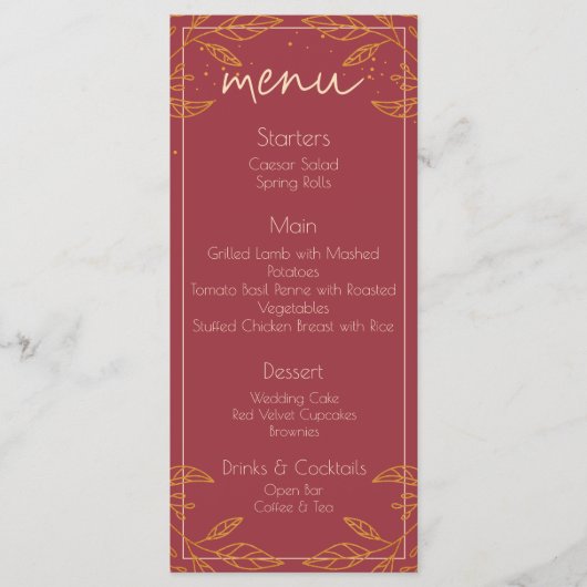 Elegant Burgundy & Gold Modern Wedding Menu Kaart (Voorkant)
