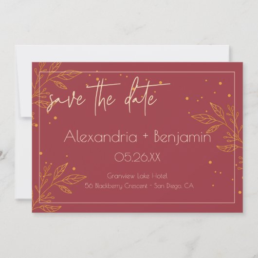 Elegant Burgundy & Gold Modern Wedding Save The Date (Voorkant)