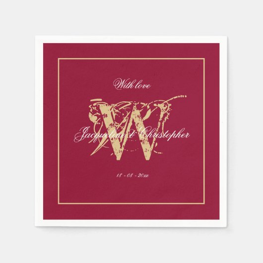 Elegant Burgundy Gold Monogram Names Chic Wedding Servet (Voorkant)