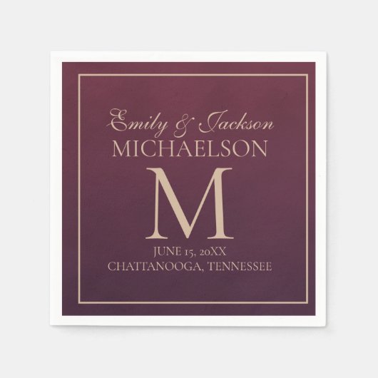 Elegant Burgundy Gold Monogram Weddenschap Servet (Voorkant)