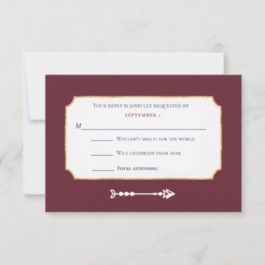 Elegant Burgundy Gold Music Mix Request Wedding RSVP Kaartje (Voorkant)