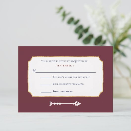 Elegant Burgundy Gold Music Mix Request Wedding RSVP Kaartje (Staand voorkant)