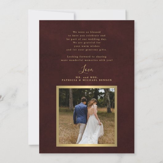 Elegant burgundy gold photo wedding  bedankkaart (Achterkant)