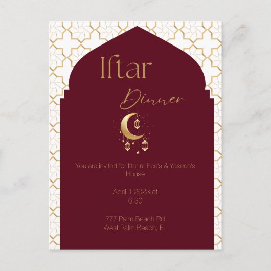 Elegant Burgundy & Gold Ramadan Iftar Invitation Briefkaart (Voorkant)
