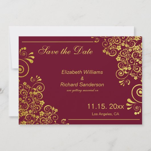 Elegant Burgundy Gold redt de datum van het huweli Save The Date (Voorkant)