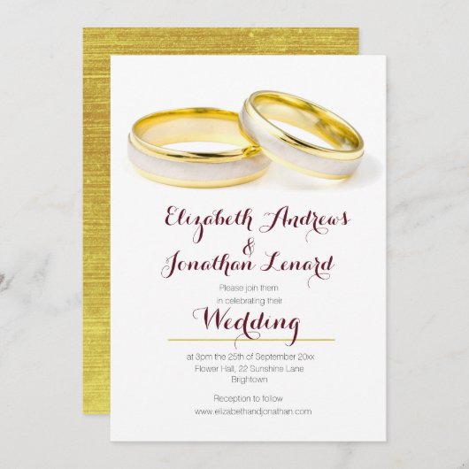 Elegant Burgundy Gold Rings Wedding Invite Kaart (Voorkant / Achterkant)