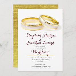 Elegant Burgundy Gold Rings Wedding Invite Kaart