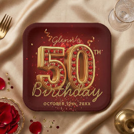 Elegant Burgundy Gold Ruby Gem 50th Birthday Party Papieren Bordje