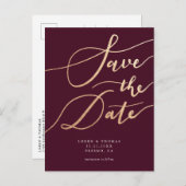 Elegant Burgundy Gold Script Weduwschap Save the D Aankondigingskaart (Voorkant / Achterkant)