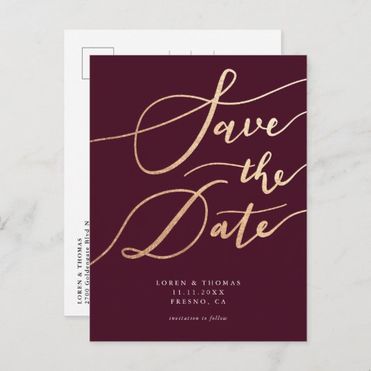 Elegant Burgundy Gold Script Weduwschap Save the D Aankondigingskaart (Voorkant / Achterkant)