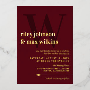 Elegant Burgundy & Gold Typography Arrow Folie Uitnodiging