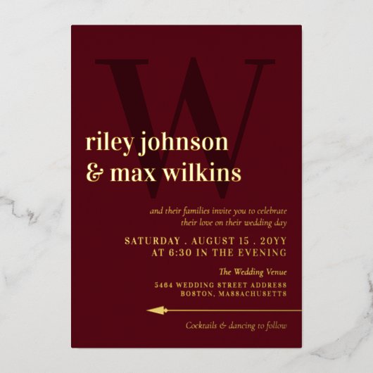 Elegant Burgundy & Gold Typography Arrow Folie Uitnodiging (Voorkant)